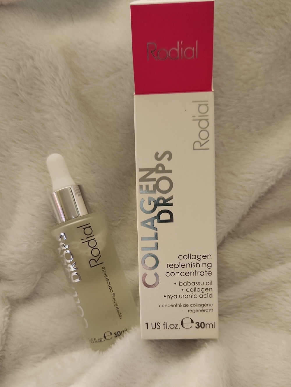 Rodial Collagen Drops Serum in Clear Bottle with Pink and White Box